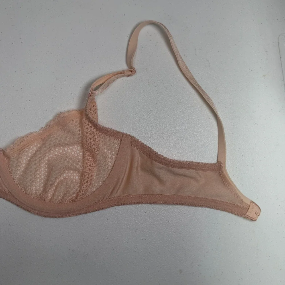 Wingslove 32D Bra Balconette Peach Geometric Lace Mesh Underwire Bow Detail